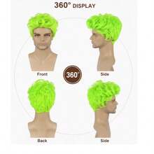 6-Inch Fluorescent Green Men's Short Curly Hair, Fluffy Afro Style, Made Of High-Temperature Synthetic Fiber, Easy To Style And Wear, Perfect For Parties, Anime Cosplay, And Holiday Outfits. - Green - View 2