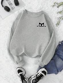 Plus-Size Women's Casual Sweatshirt With Cute Black Cat Paw Cartoon Graphic Double-Sided Print, Perfect For Autumn And Winter Everyday Street Style. - Grey - View 2