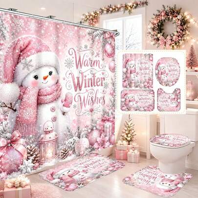 1 pieza/4 piezas Juego de cortina de ducha con decoración de baño multifuncional de muñeco de nieve rosa navideño, 12 ganchos gratis, ambiente festivo premium, alfombra de baño, alfombra de piso en forma de U y tapa de inodoro redonda, adecuado para toda la decoración de escenas navideñas