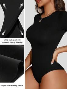 Women's Solid Color Short Sleeve Fitted Bodysuit Black Summer Elegant - Black - View 5