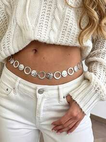 1pc Bohemian Style Geometric Hollow Round Convex Circle Patchwork Chain Silver Metal Waist Chain, Personalized Simple Sexy Women Body Chain, Punk Style Women Fashion Waist Accessory, Gift For Any Holiday - Silver - View 2