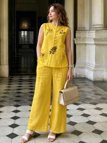 Conjunto de 2 piezas para mujer de verano con top sin mangas de cuello redondo bordado de unicolor y pantalones largos de unicolor, elegante en amarillo - Amarillo - Ver 2
