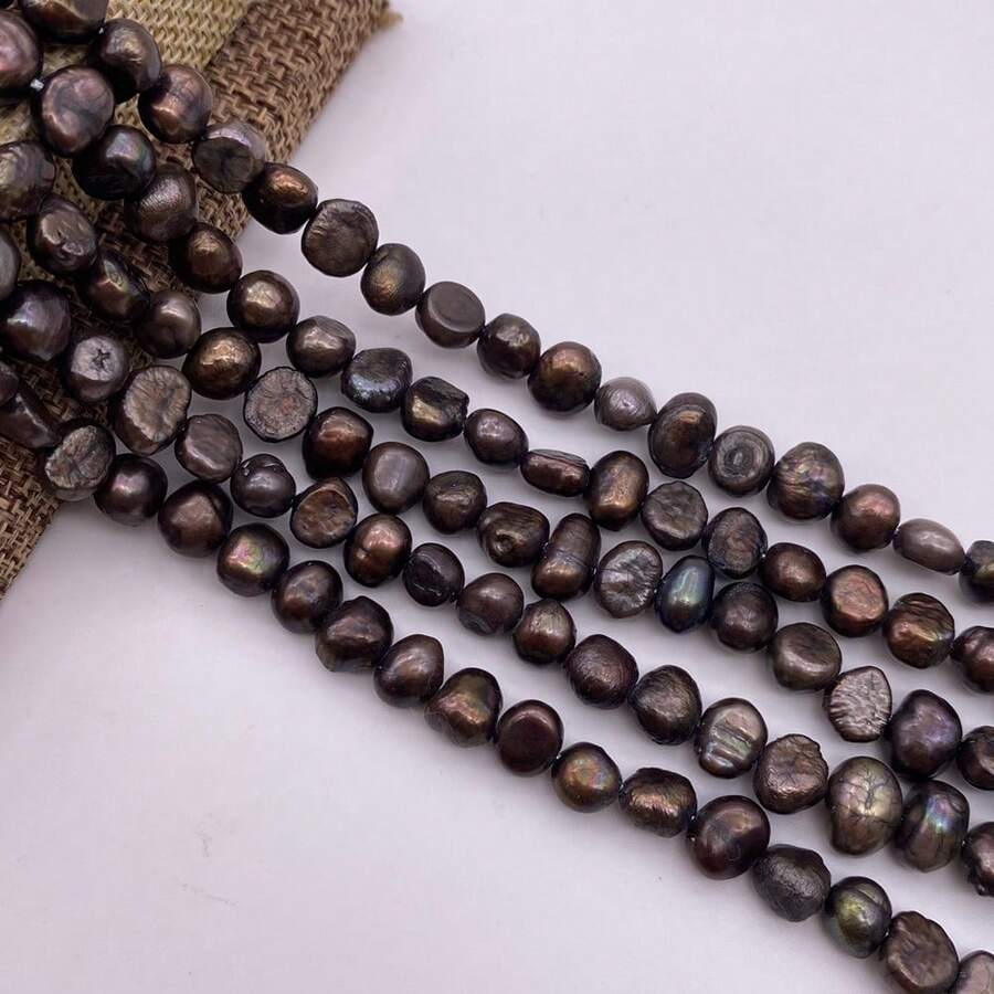 7-8mm 咖啡棕色馬鈴薯形小巴洛克淡水珍珠 DIY 配件 1 串 長度 35cm/13.78inch,孔徑 0.8mm - 咖啡棕 - 查看 1