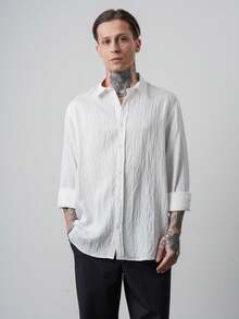Premium Men Embroidered Detail Textured Button Front Long Sleeve Shirt - White - View 2