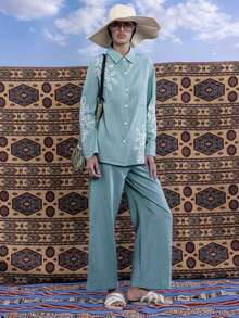 East & Noor 女款休閒植物刺繡長袖上衣與長褲套裝 - 霧霾藍 - 查看 1