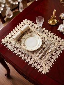 Brown Vintage Water-Soluble Hollow Embroidery Placemat, Hollow Floral Rectangular Table Mat, Elegant Leaf-Shaped Scalloped Lace Table Mat, Suitable For Dining Table, Wedding Banquet, Home Decor - Gold - View 2