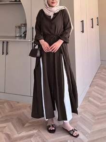 Women's Casual Minimalist Long Sleeve Collared Tie Waist High Slit Long Shirt Blouse, Solid Color Front Button Tie High Slit To Thigh, Suitable For Commute, Daily Wear And Dating - Brown - View 4