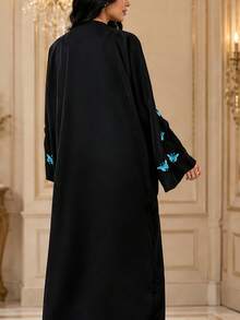 Black Fresh Blue Butterfly Embroidered Cover Up Abaya Women's V-Neck Long Outerwear Robe Butterfly Embroidery Cuffs Loose Cover-Up Middle Fall - Black - View 2