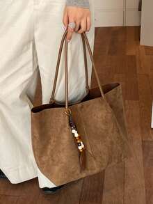Dedoo Tas Tote Kapasitas Besar Mirip Suede, Dua Pegangan Tanpa Liontin, Tas Bahu Santai Bergaya Vintage untuk Wanita, Cocok untuk Perjalanan Musim Gugur dan Musim Dingin - Coklat - View 7