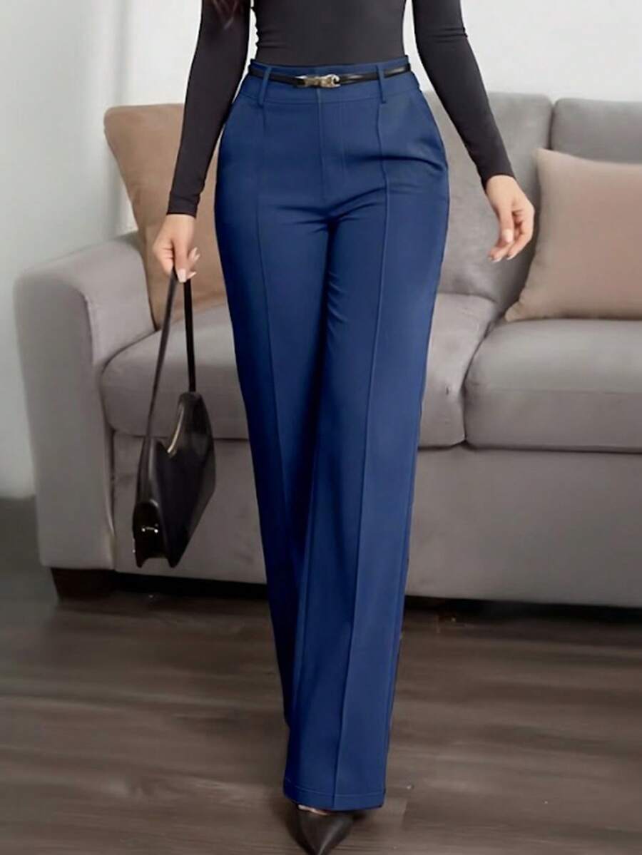 Jisfaneya 女款(無腰帶)純色長褲,附側口袋與拉鍊,優雅休閒,適合辦公室與通勤 - 藍色 - 查看 1