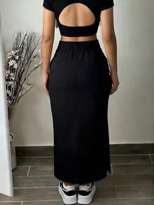 Women's Utility Style High Waist Slimming Slit Straight Skirt With Pockets - Black - View 3
