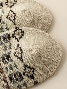 5 Pairs Women's Fair Isle Thermal Lined Thick Mid-Calf Socks, Retro Mori Style, Autumn/Winter - Multicolor - View 9