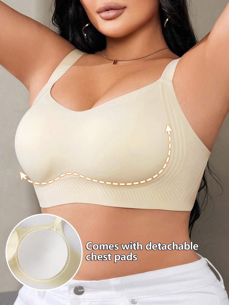 1pc Women's Plus Size Push-Up Seamless Bra, Wire-Free Strong Support Backless Design, Knitted High Elasticity Bonded Fabric, Molded Cup Comfortable Side-Boob Coverage, Suitable For Daily Wear, Home And Office - Apricot - View 1
