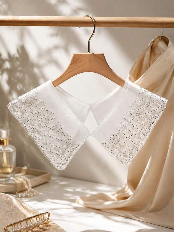 1pc Women's White Sheer Mesh Detachable Collar, Pearl Beaded Geometric Embroidery, Wavy Edge, Suitable For Dresses And Shirts