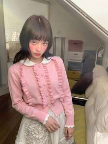 粉色彼得潘領羊毛混紡針織開襟衫，女款秋冬小眾設計短版毛衣外套 - 粉色 - 查看 4