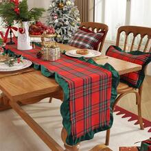 1pc Christmas Plaid Dual-Panel Velvet Fabric Ruffle Table Runner, Suitable For Christmas Holidays And Home Decor - Red Grid - View 19