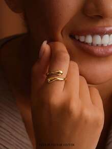 Minimalist Stainless Steel Wave Line Stackable Women's Gold Ring, 18K Gold Plated Rust-Resistant Adjustable Finger Ring, Suitable For Mother, Girlfriend, Best Friend, Gold Wedding Jewelry, Vacation, Party, Daily Outfit Accessory, Unique Gift - Various - View 1