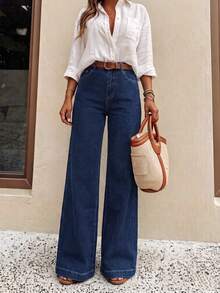 Celana Jeans Wanita Kasual Model Lurus, Celana Denim Lebar Minimalis Warna Polos Modis, Cocok untuk Berbagai Acara dan Pakaian Liburan di Musim Gugur - Biru - View 3