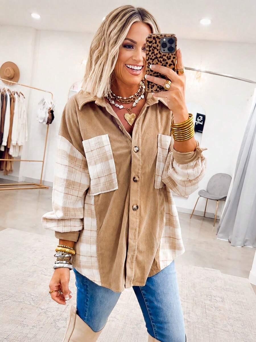 Acelitt Women's Casual Khaki Plaid Patchwork Button-Front Long Sleeve Shirt Jacket, Suitable For Spring And Autumn - Multicolor - View 1