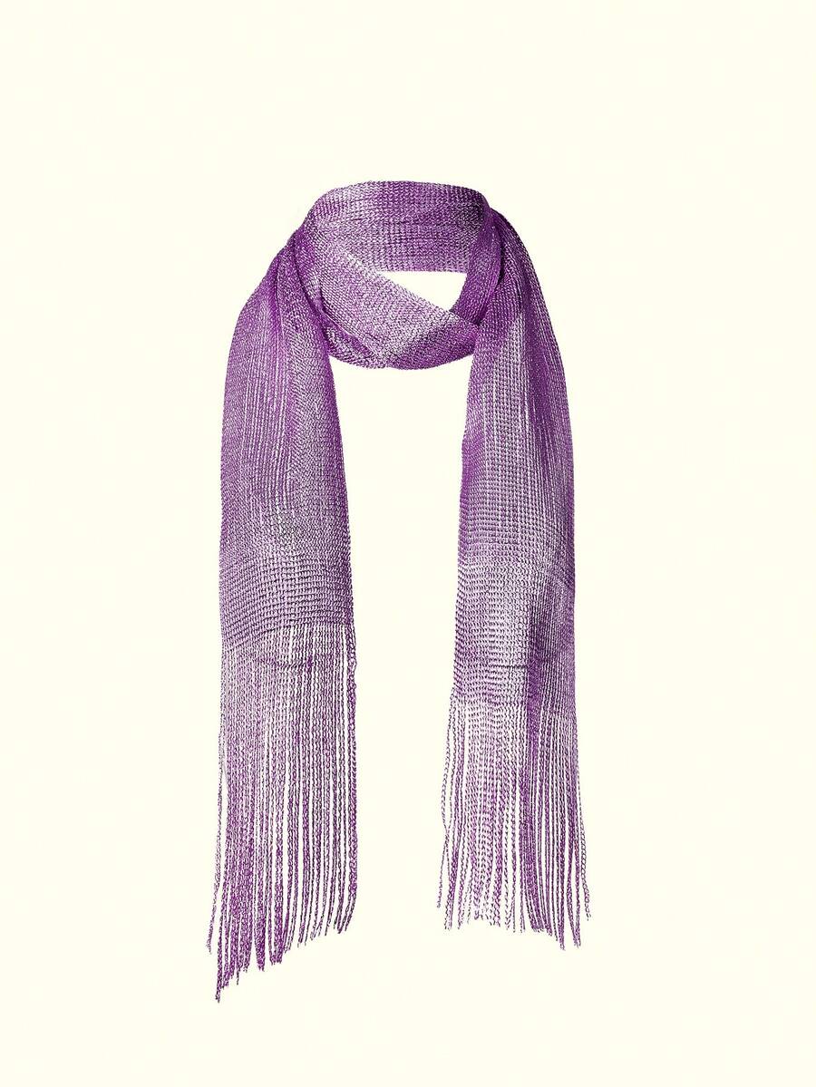 Popjeli 1pc Vintage Niche Seasonal Versatile Scarf With Flowing Ribbons, Simple Tasseled Scarf, Suitable For Party Outfits - Purple - View 1