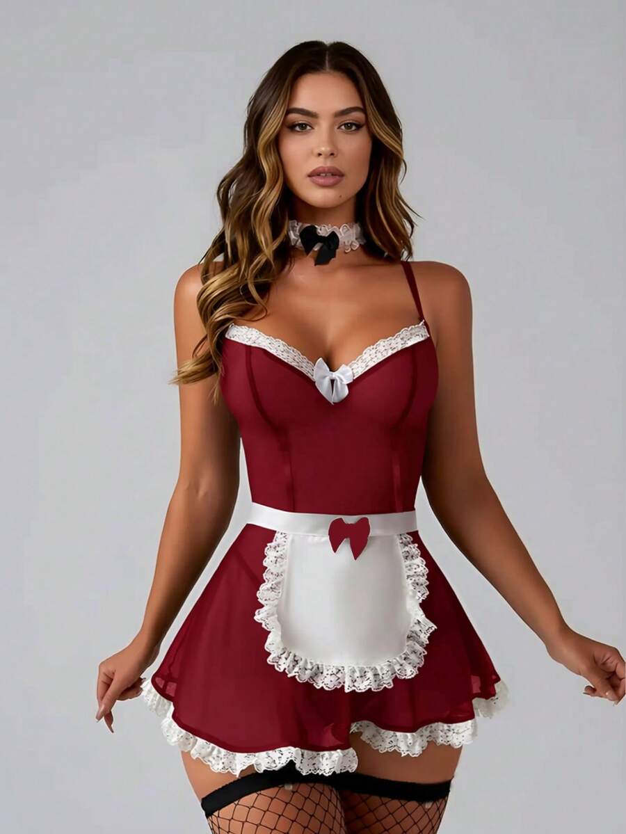 3pcs Sexy Maid Costume, Lace Patchwork Nightgown, Maid Apron And Thong - Burgundy - View 1
