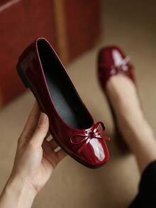 Fashionable Burgundy Patent Leather Ballet Flats With Bow Decor, Women's Square Toe Shoes, Suitable For Parties, Evening Events And Daily Wear - Red - View 2