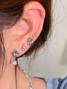 1pc Vintage Iris Flower Cartilage Ear Stud With Zirconia And Pearl Dangle Screw Back Piercing Earring For Women - Silver - View 3