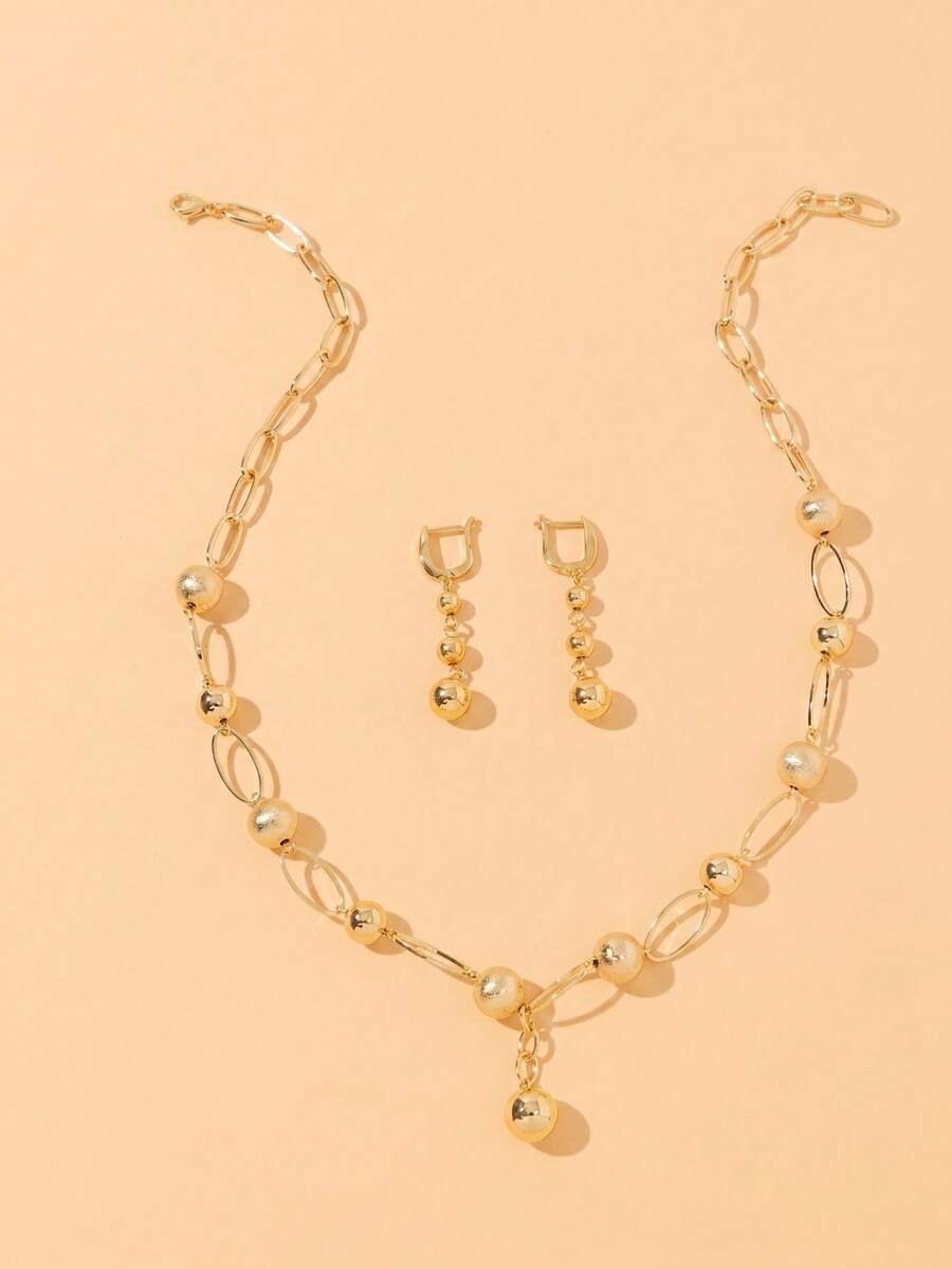 1 Set Unique Gold Bead Necklace And Earrings, Women's - Yellow Gold - View 1