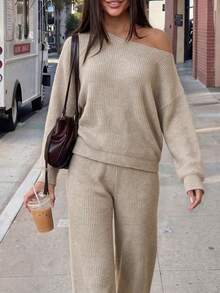 UNTUK KECANTIKAN Musim Gugur Musim Dingin Sweater Wanita Elegan Kasual Y2K Atasan Rajut Bergaris Bahu Terbuka Celana Kaki Lebar Setelan Sweater Dua Potong - Yan - View 5