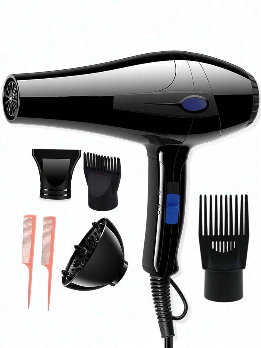 1pc UK Plug Professional High Power Hair Dryer Set With Diffuser And Multi-Styling Nozzles, Home & Salon Hair Styling Tool Kit - Black - View 1