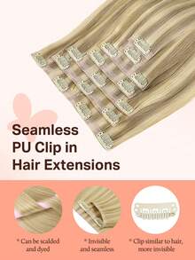 DOORES 14-24 Inch Seamless Clip-In Hair Extensions, 130g-160g 7pcs Real Human Hair Invisible PU Skin Weft, Light Blonde Highlights, Natural Remy Straight Hair, Easy To Wear & Style - S16/22A - View 6