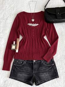 Women's Burgundy Cable Knit Sweater, Square Neck Lace Patchwork Button Decor, Long Sleeve Slim Fit, Elegant Casual Pullover, Suitable For Autumn/Winter Dates And Daily Wear - Red and White - View 3
