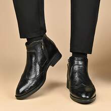 Autumn/Winter Men's Luxury Genuine Leather Chelsea Boots, Ankle High, Premium Slip-On, Buckle Strap, Carved Toe, Brown, Basic Style - Black - View 3