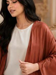 緞面亮面長款阿巴雅長袍，寬鬆蝙蝠袖開襟中東風外套罩衫 - 亮橙色 - 查看 4