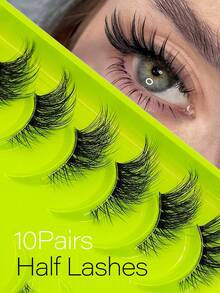 10 Pairs Half Eyelashes, Tail Extended Cat Eye Fox Eye Eyelashes, Outer Corner Extended Style, Daily Reusable False Eyelashes, Long Soft 3D Faux Mink Hair Eyelash Extensions For Makeup - Black - View 2