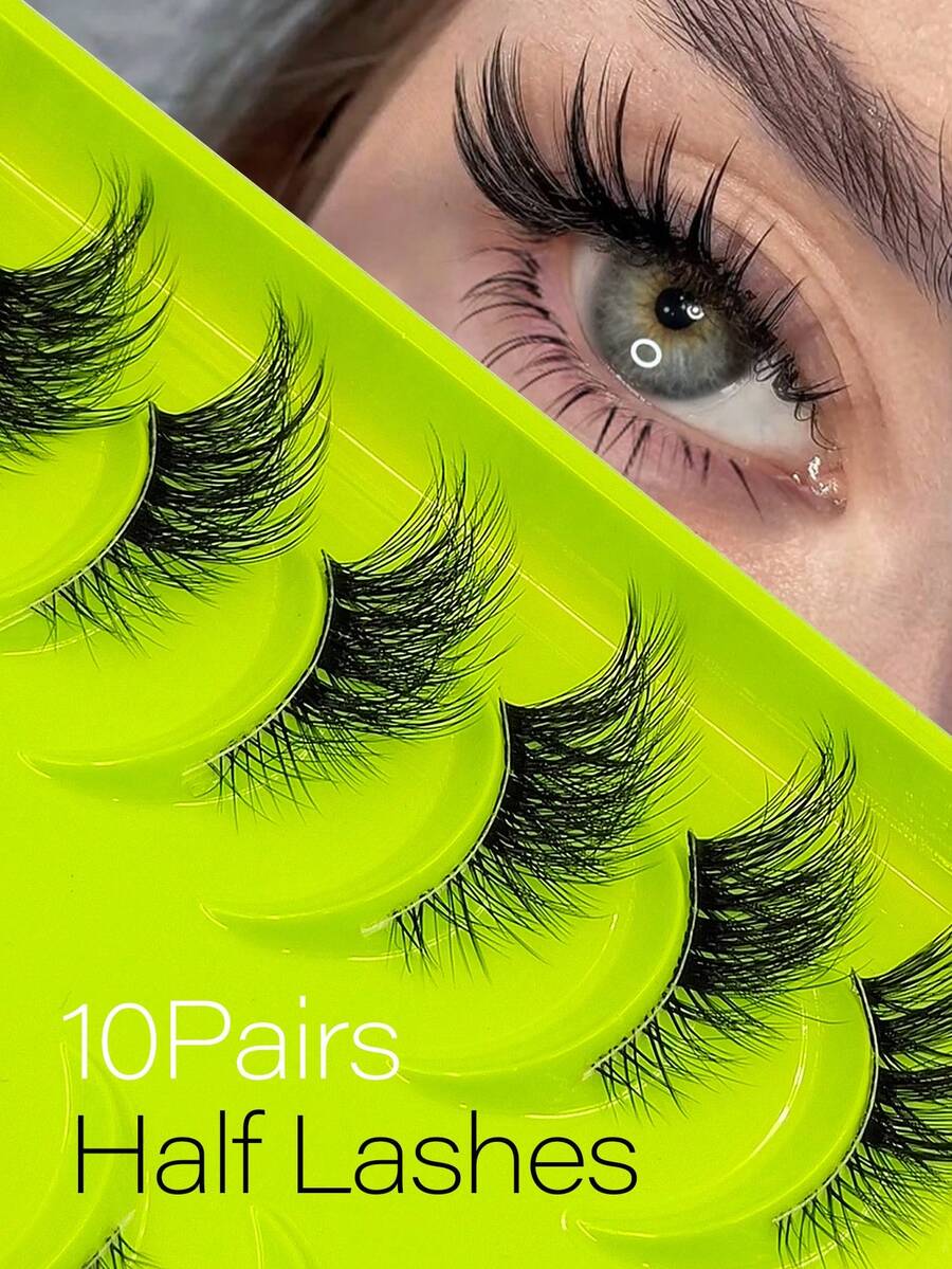 10 Pairs Half Eyelashes, Tail Extended Cat Eye Fox Eye Eyelashes, Outer Corner Extended Style, Daily Reusable False Eyelashes, Long Soft 3D Faux Mink Hair Eyelash Extensions For Makeup - Black - View 1