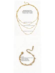 VceTd 1/2PCS Minimalist Vacation Style Asymmetrical Random Beads Chain Design Stainless Steel Women's Jewelry Set Suitable For Women's Daily Wear Or Vacation Wear Or Gift - Yellow Gold - View 2