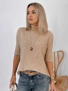 Acelitt Women's Casual Beige Solid Color High Neck Ribbed Cuff Mid-Sleeve Knit Sweater, Suitable For Spring And Autumn Summer - Beige - View 1