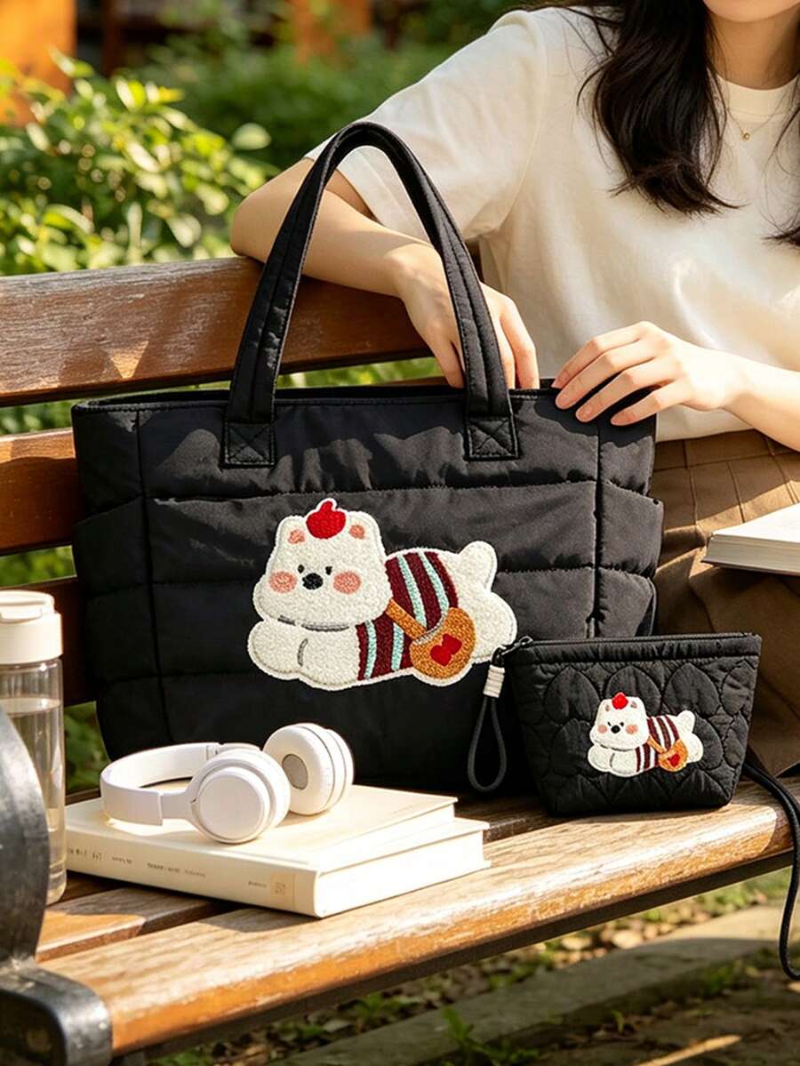 Lightweight Fluffy Compartment Tote Bag, Quilted Shoulder Handbag, Cute Towel Embroidery Shoulder Bag, Commuter Work Bag, Includes Quilted Heart Makeup Bag, Portable Wristlet Coin Purse, Suitable For Travel, Work, Fitness, Back To School, Classes And Commuting, Meets Daily Storage Needs For Various Items - Multicolor - View 1