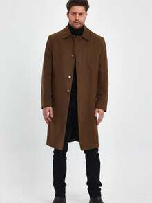 Men's Premium Fabric Brown Long Coat, Classic Collar Button-Up Elegant Winter Overcoat - Brown - View 8