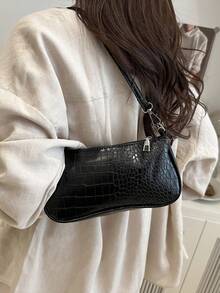 1pc New Fashion Versatile Textured Shoulder Bag Underarm Bag, Suitable For Dating, Outing, Party And Other Occasions, Fashionable Women's Solid Color Wallet. Crocodile Pattern Position Random - Black - View 5