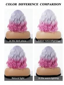 12 Inch Ombre Lilac To Pink Short Wavy Bob Wig For Women Straight Bangs Heat Resistant Synthetic Wig Colorful Cosplay Wig For Halloween Costume Party Carnival - Multicolor - View 6