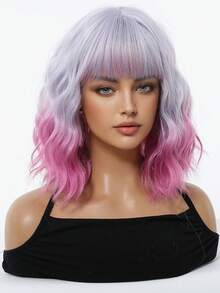 12 Inch Ombre Lilac To Pink Short Wavy Bob Wig For Women Straight Bangs Heat Resistant Synthetic Wig Colorful Cosplay Wig For Halloween Costume Party Carnival - Multicolor - View 3