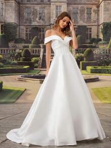 Elegant White Silk Wedding Dress, Off-Shoulder Sweetheart Neckline, Pearl Embellishments, Long Backless Design, Perfect For Creating A Romantic Bridal Look - White - View 7