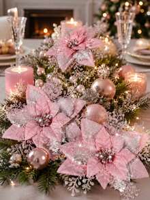 12/6pcs Pink Christmas Artificial Flowers With Clips And Sequins, Suitable For DIY Wreaths, Winter Parties, Christmas Tree Decorations And Christmas Party Decor - Pink - View 6