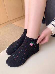 20/10/5/1 Pairs Women's Embroidered Short Invisible Socks, Multi-Color Cartoon Style, Breathable Moisture-Wicking Soft, Suitable For All Seasons And Multiple Occasions, Fresh Strawberry Embroidery - Multicolor - View 7
