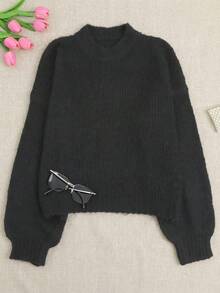 Solid Color No Decoration Round Neck Oversized Puff Sleeve Loose Short Knit Sweater, Suitable For Autumn Daily Casual Wear And Weekend Gatherings - Black - View 8
