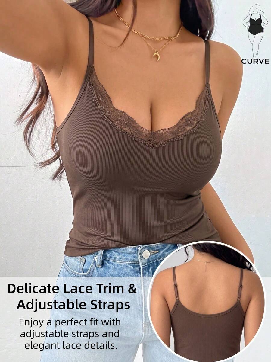 Plus Size Lace Trim V-Neck Sleep Camisole Fall Winter Essentials Lightweight Adjustable Straps Soft Lounge Sleepwear Tops - Brown - View 1