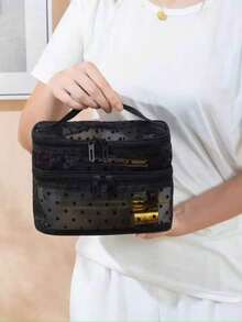 1pc Mesh Makeup Bag Double Layer Heart Pattern Large Capacity Storage Bag Fashion Toiletry Cosmetic Bag - Black - View 6