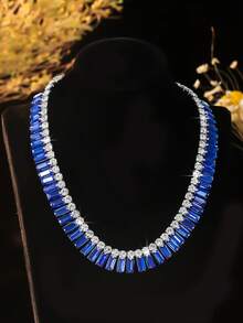 Light Luxury Rectangular Gradient Crystal Collarbone Necklace, Multiple Colors Available, Banquet Ball Photography Dress Matching Necklace - Blue - View 2